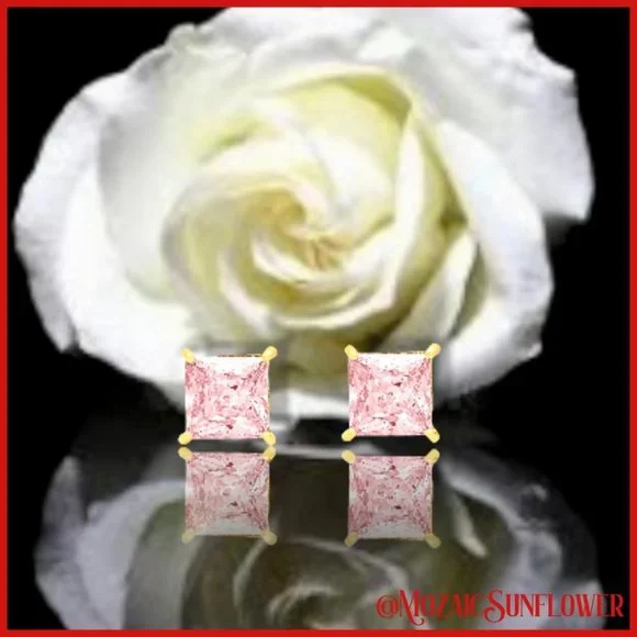 Gold & Stainless Steel AAAA+ 7cm Pink Princess Cut Screw Post Earrings - Picture 3 of 6